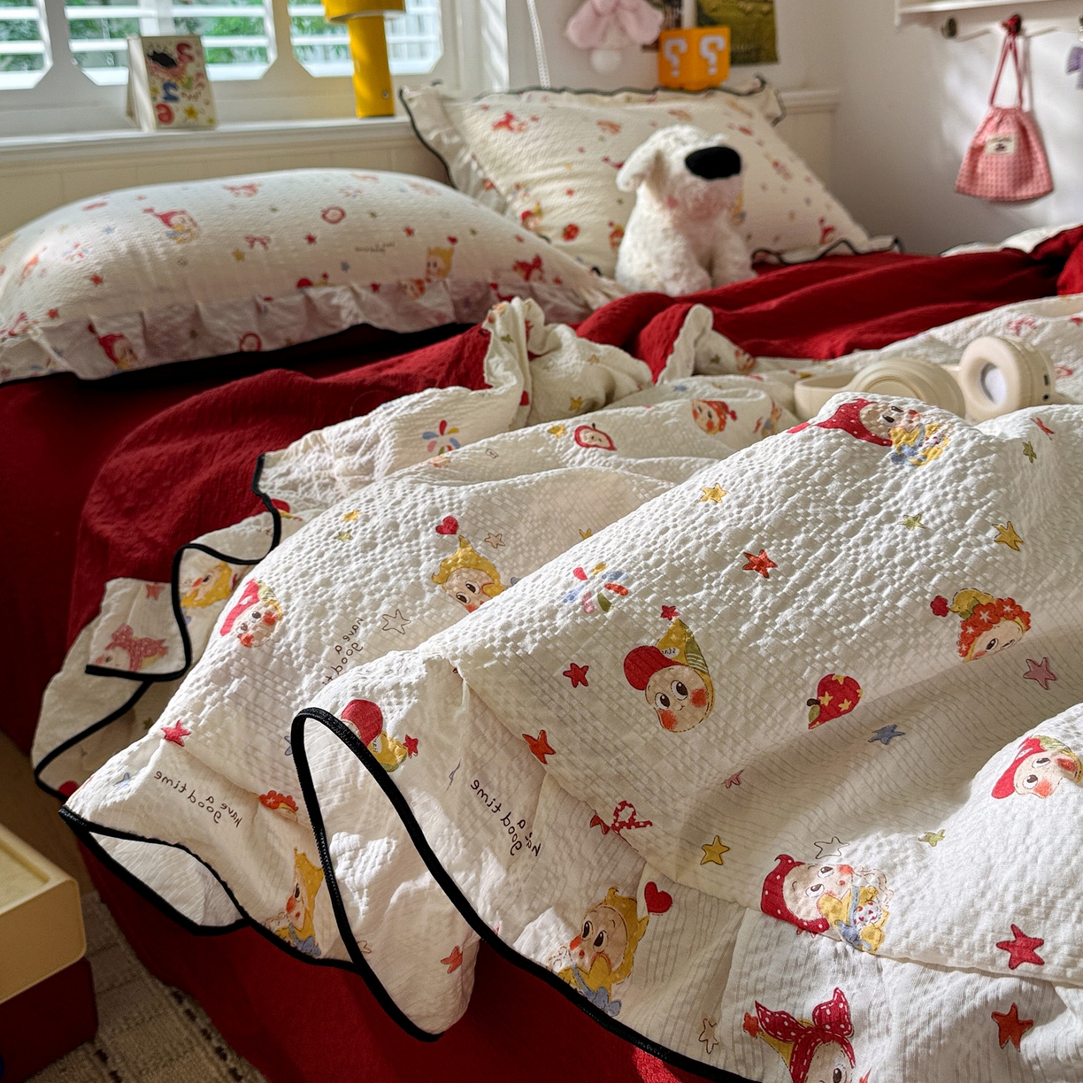 91家纺网 家纺一手货源 找家纺 水墨江南 2026新款泡芙纱花边夏被四件套 蛋糕星仔