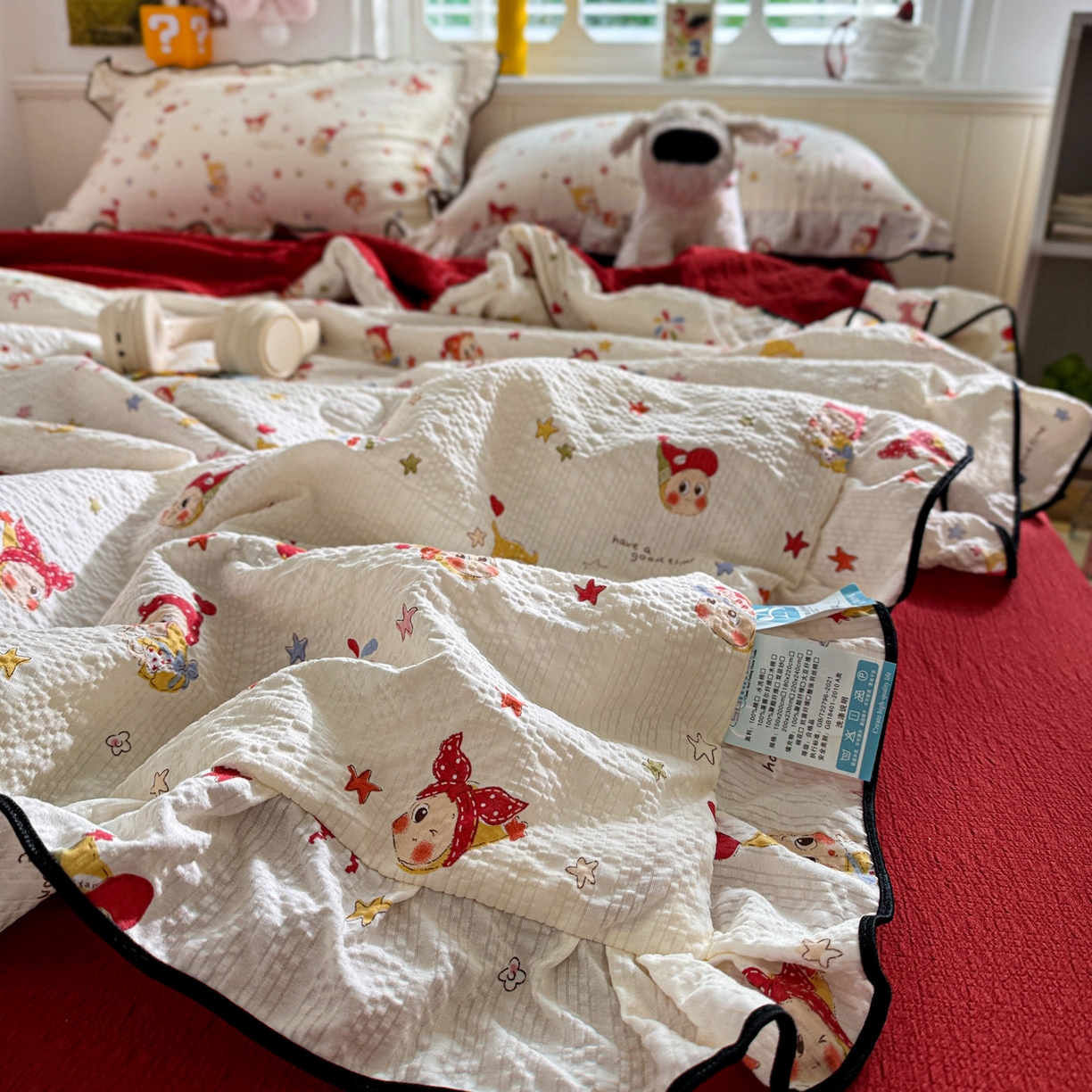 91家纺网 家纺一手货源 找家纺 水墨江南 2026新款泡芙纱花边夏被四件套 蛋糕星仔