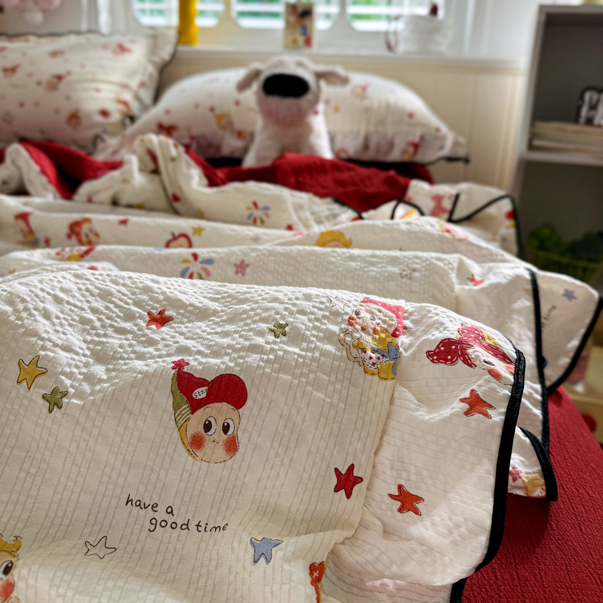 91家纺网 家纺一手货源 找家纺 水墨江南 2026新款泡芙纱花边夏被四件套 蛋糕星仔