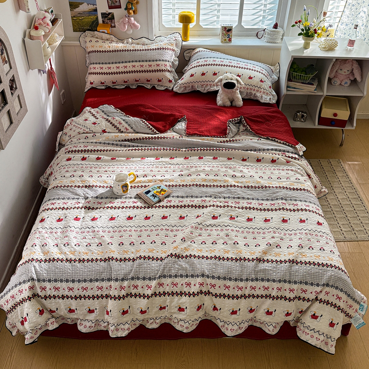 91家纺网 家纺一手货源 找家纺 水墨江南 2026新款泡芙纱花边夏被四件套 动感小狗