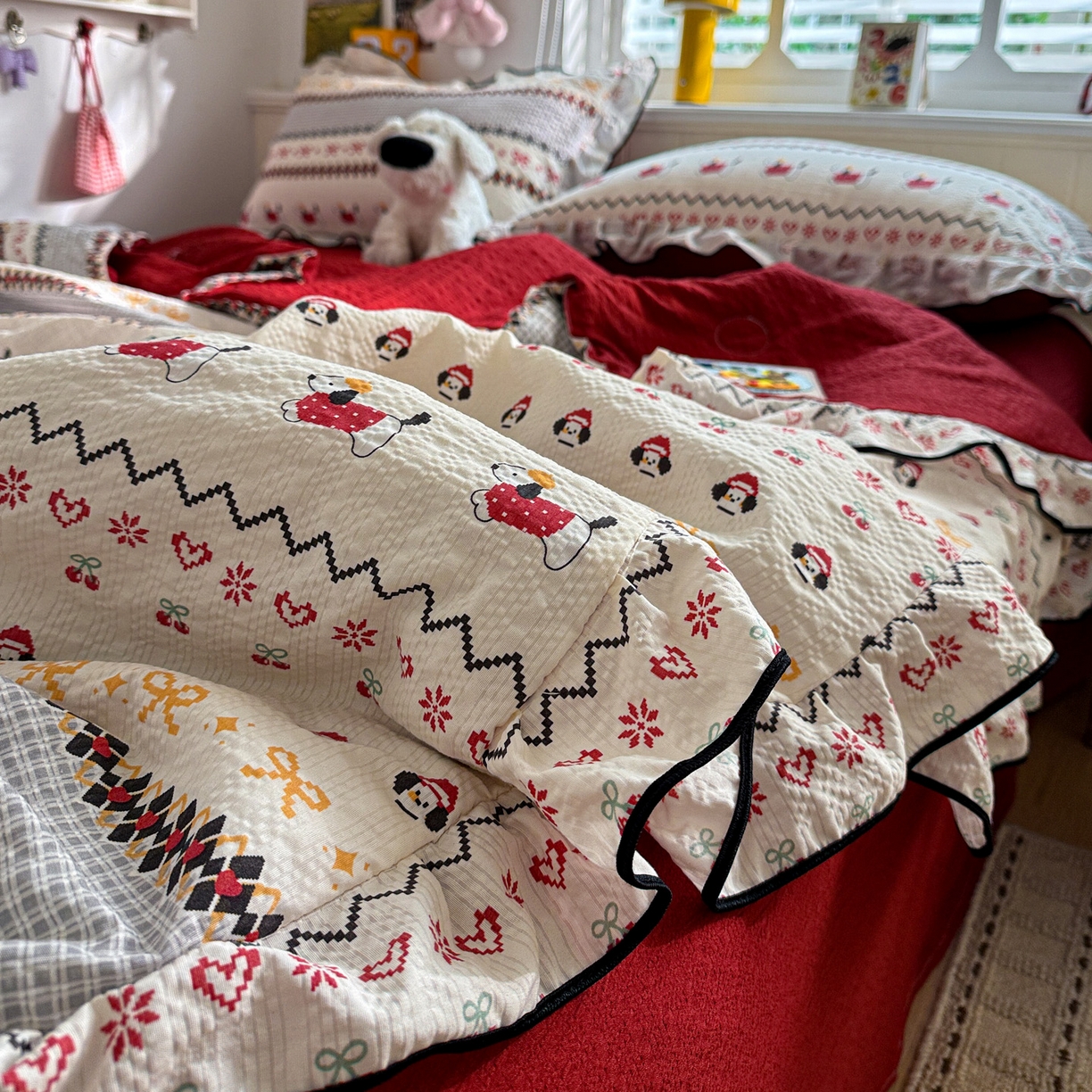 91家纺网 家纺一手货源 找家纺 水墨江南 2026新款泡芙纱花边夏被四件套 动感小狗