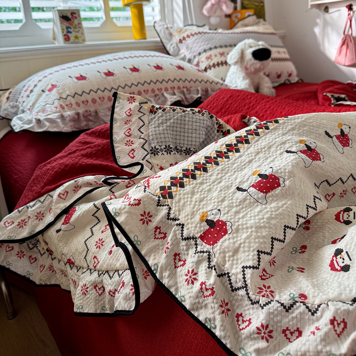 91家纺网 家纺一手货源 找家纺 水墨江南 2026新款泡芙纱花边夏被四件套 动感小狗