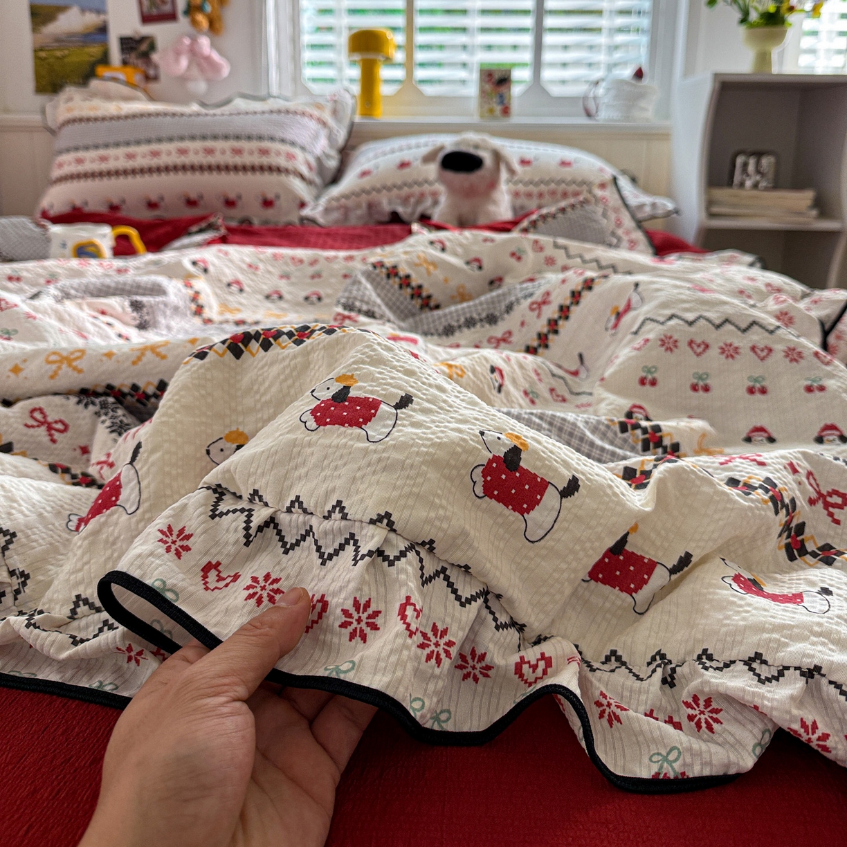 91家纺网 家纺一手货源 找家纺 水墨江南 2026新款泡芙纱花边夏被四件套 动感小狗