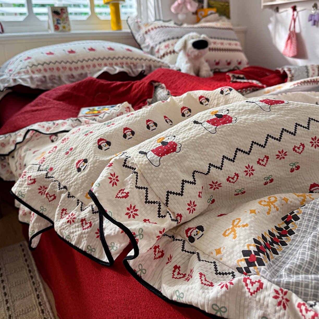 91家纺网 家纺一手货源 找家纺 水墨江南 2026新款泡芙纱花边夏被四件套 动感小狗