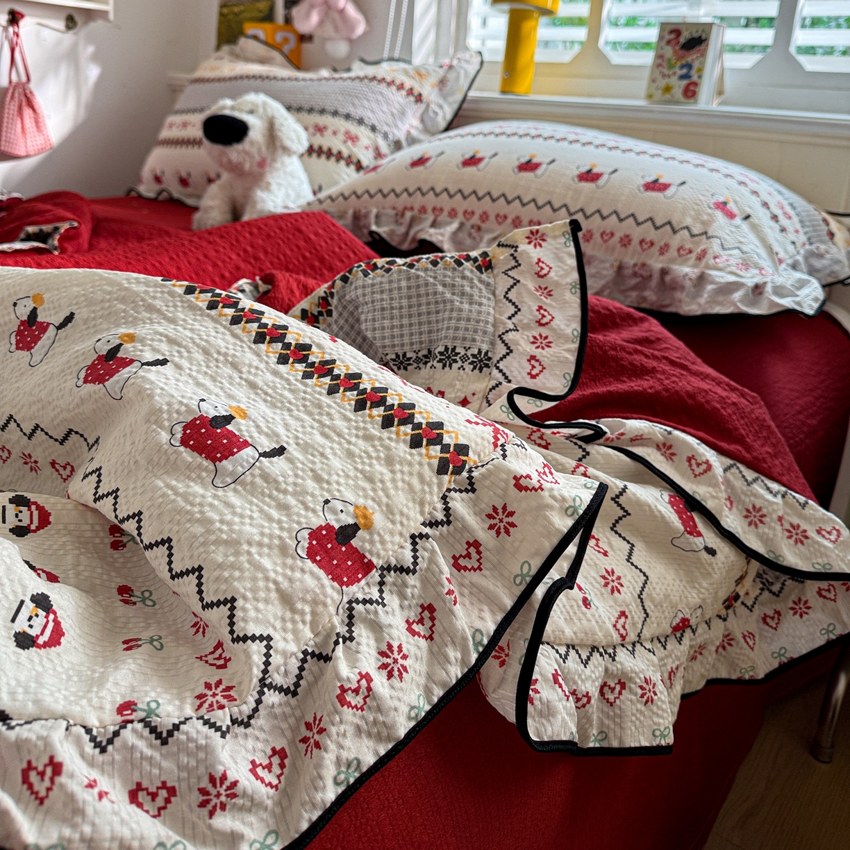 91家纺网 家纺一手货源 找家纺 水墨江南 2026新款泡芙纱花边夏被四件套 动感小狗