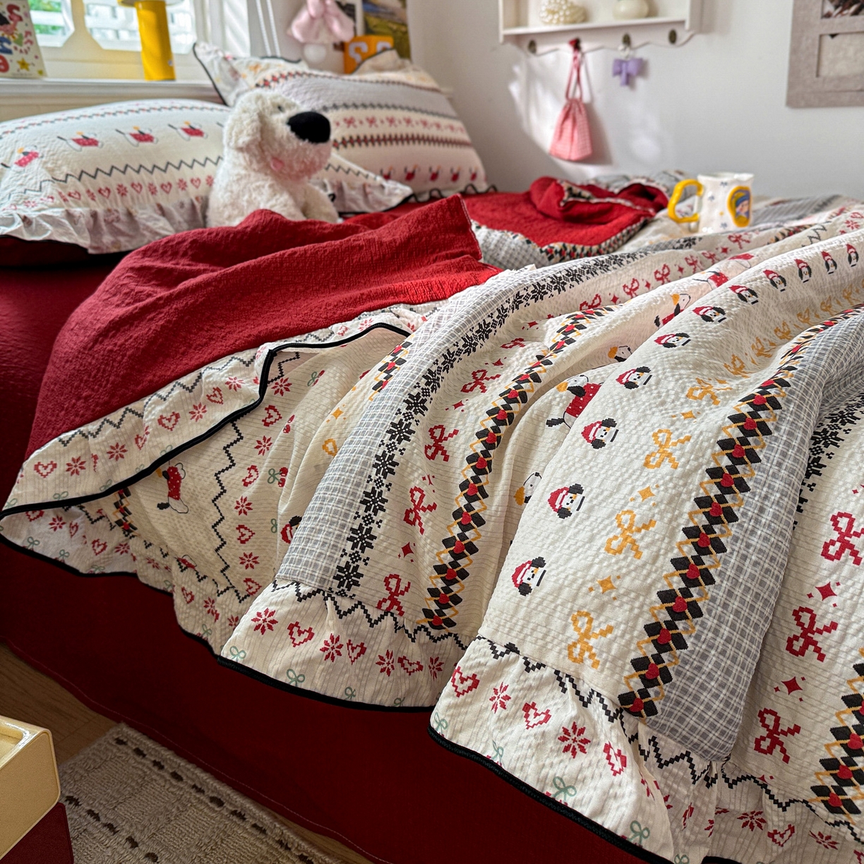 91家纺网 家纺一手货源 找家纺 水墨江南 2026新款泡芙纱花边夏被四件套 动感小狗