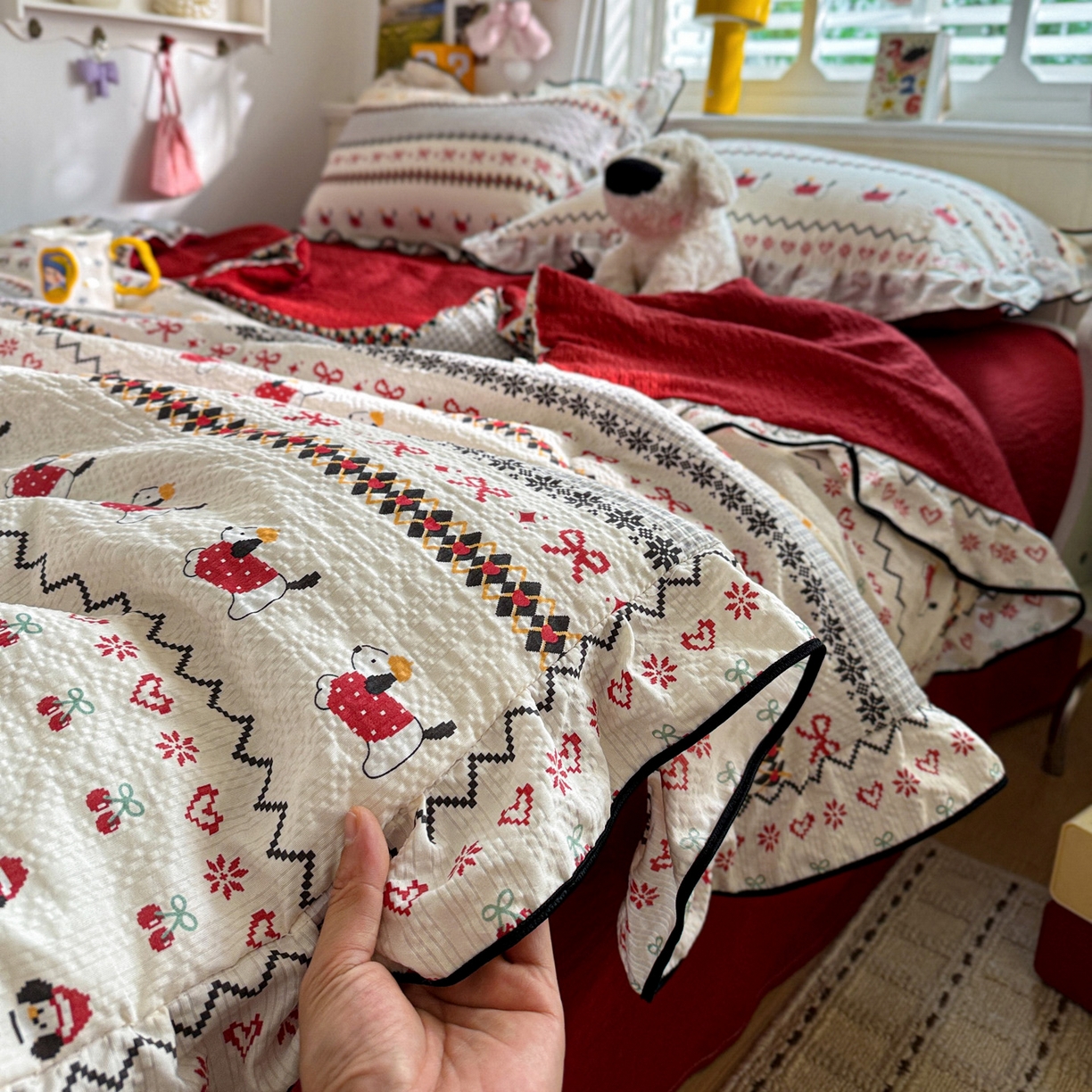 91家纺网 家纺一手货源 找家纺 水墨江南 2026新款泡芙纱花边夏被四件套 动感小狗