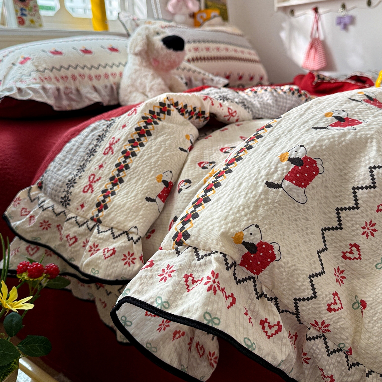 91家纺网 家纺一手货源 找家纺 水墨江南 2026新款泡芙纱花边夏被四件套 动感小狗