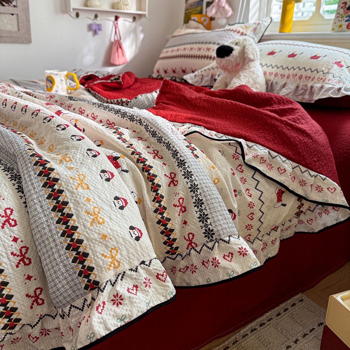 91家纺网 家纺一手货源 找家纺 水墨江南 2026新款泡芙纱花边夏被四件套 动感小狗