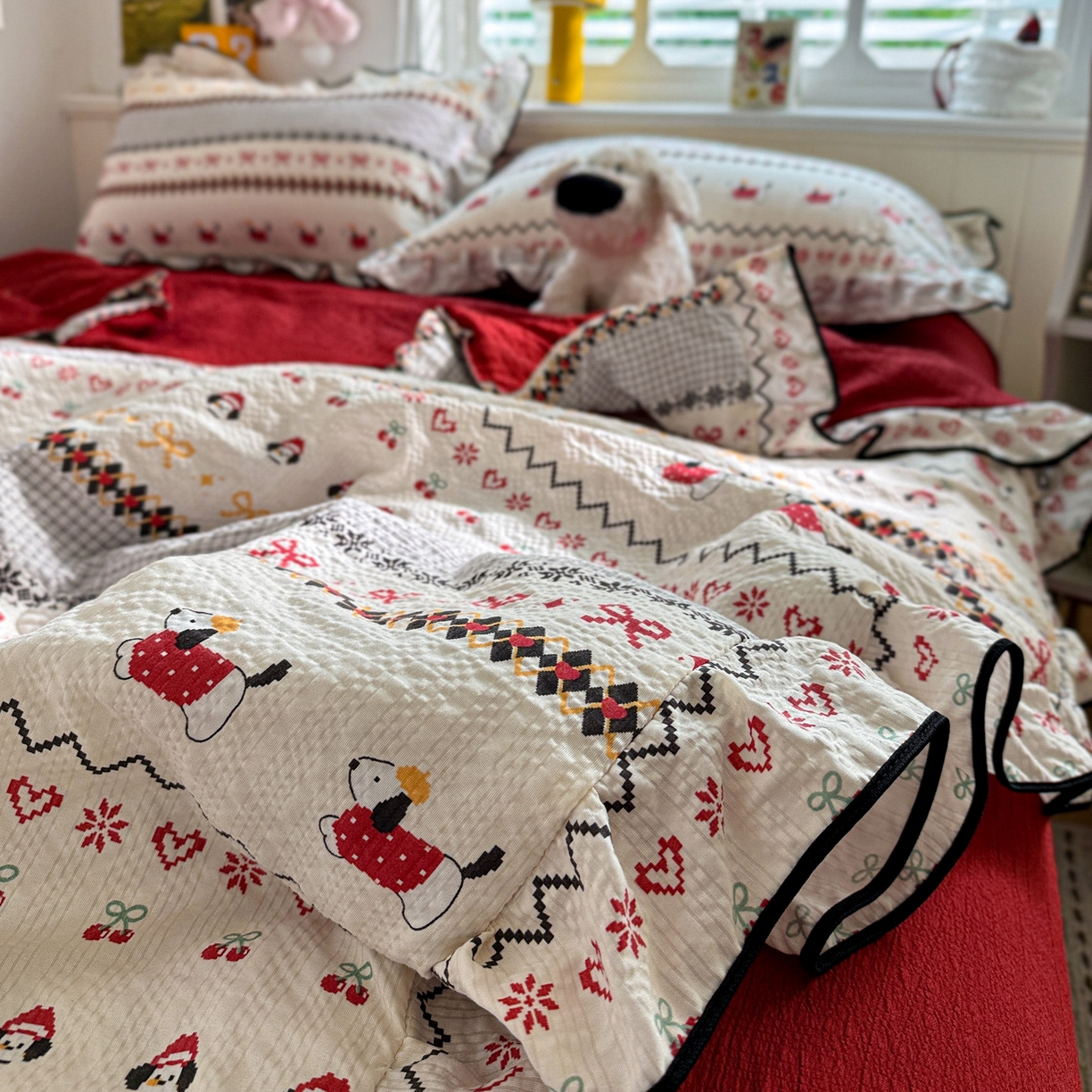 91家纺网 家纺一手货源 找家纺 水墨江南 2026新款泡芙纱花边夏被四件套 动感小狗