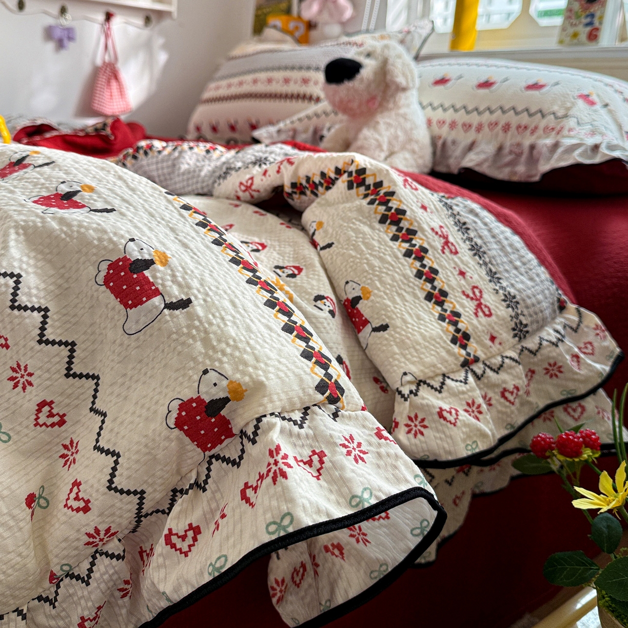 91家纺网 家纺一手货源 找家纺 水墨江南 2026新款泡芙纱花边夏被四件套 动感小狗