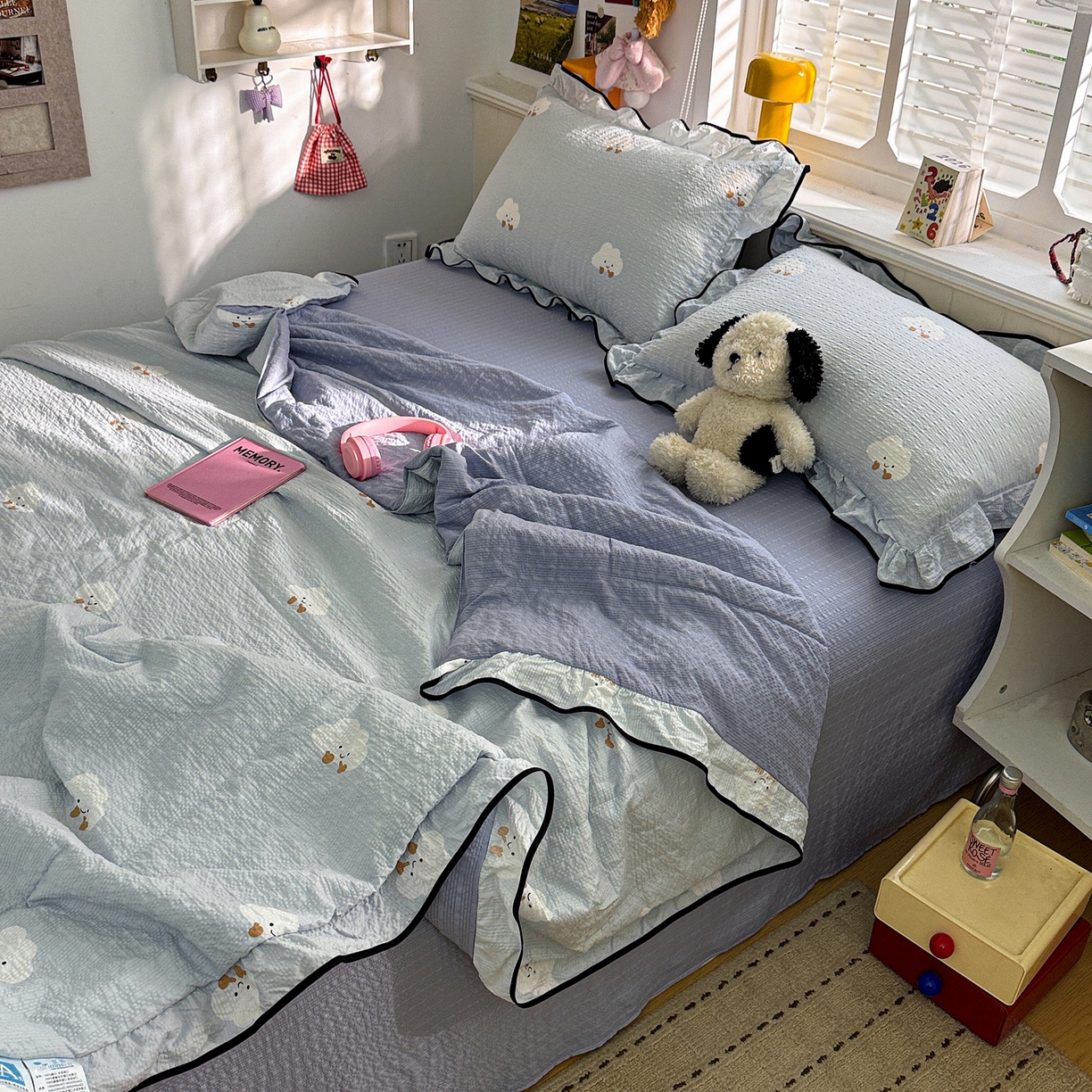 91家纺网 家纺一手货源 找家纺 水墨江南 2026新款泡芙纱花边夏被四件套 快乐云朵