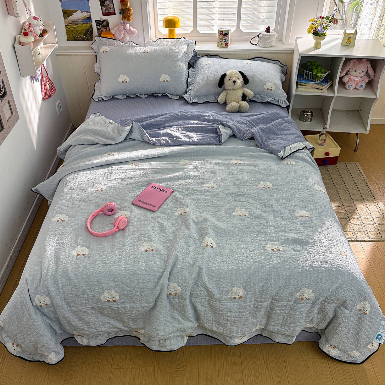 91家纺网 家纺一手货源 找家纺 水墨江南 2026新款泡芙纱花边夏被四件套 快乐云朵