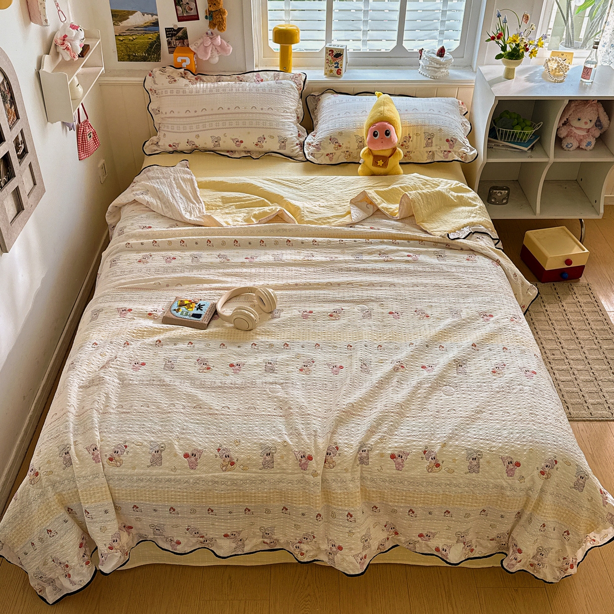 91家纺网 家纺一手货源 找家纺 水墨江南 2026新款泡芙纱花边夏被四件套 奶酪星仔