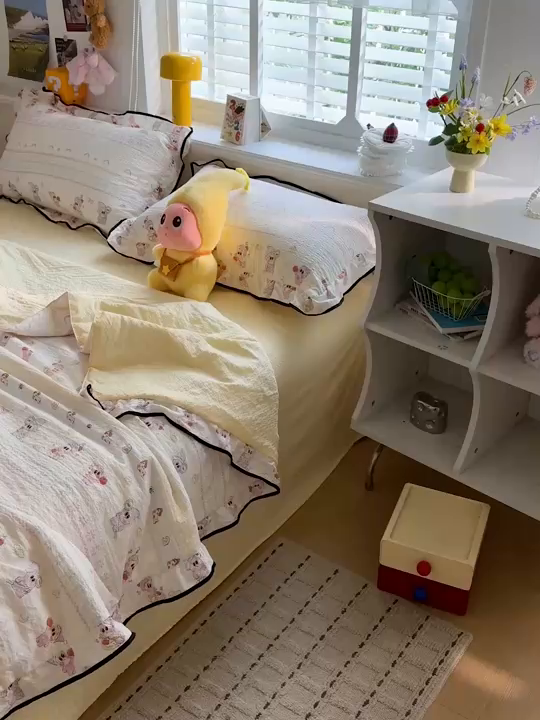 91家纺网 家纺一手货源 找家纺 水墨江南 2026新款泡芙纱花边夏被四件套 奶酪星仔