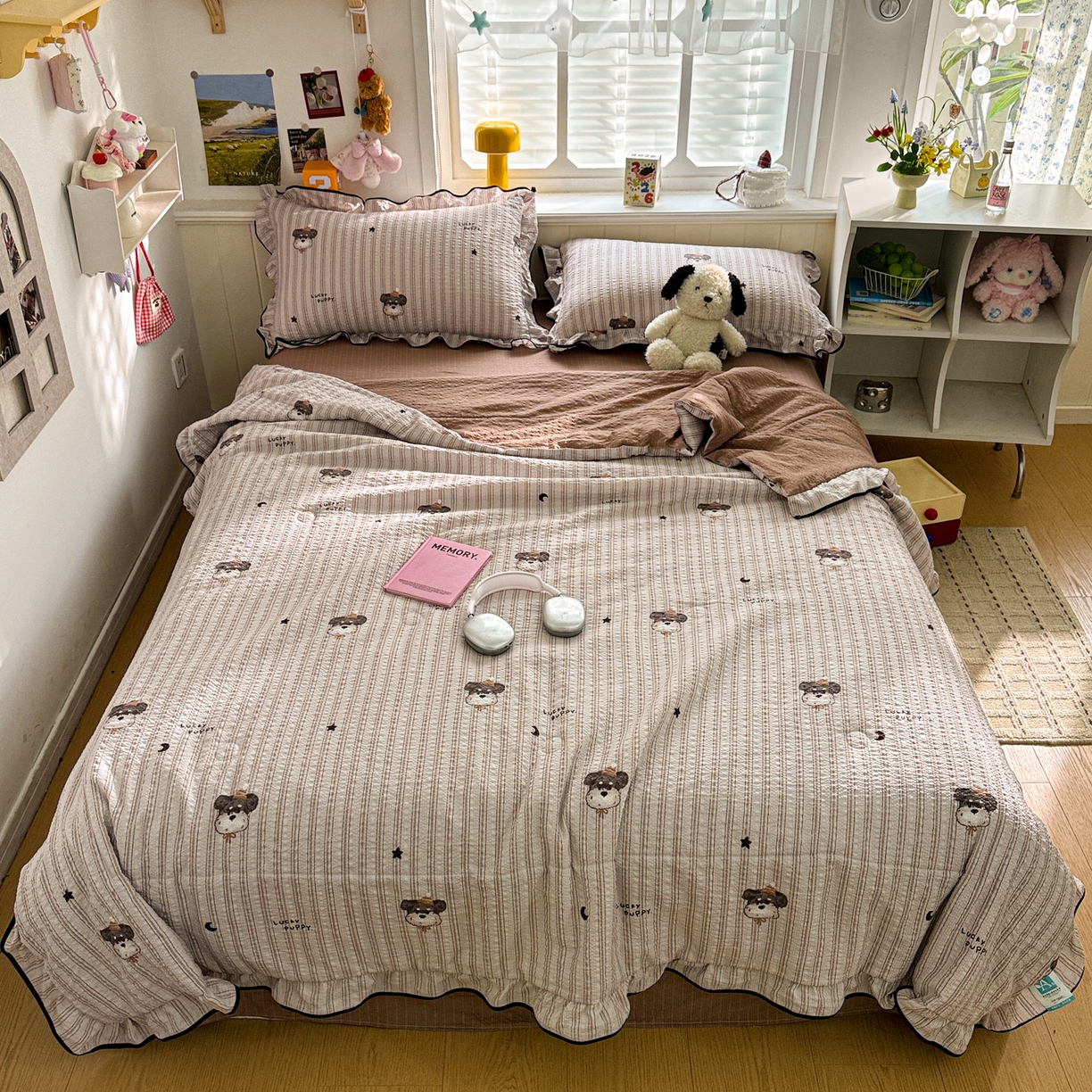 91家纺网 家纺一手货源 找家纺 水墨江南 2026新款泡芙纱花边夏被四件套 幸运小狗