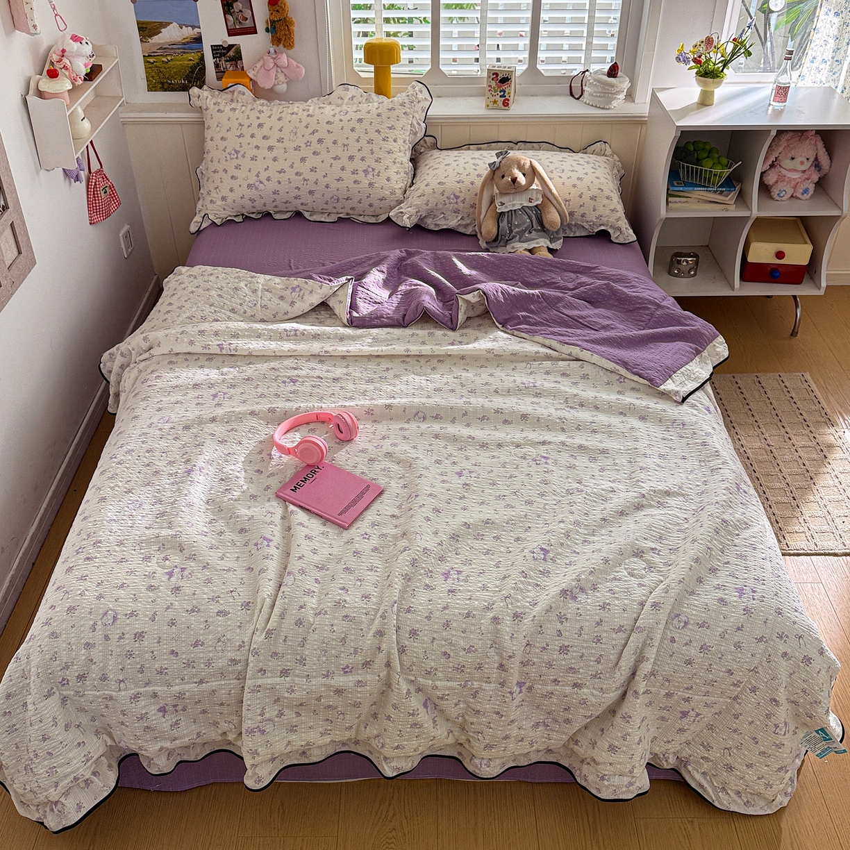 91家纺网 家纺一手货源 找家纺 水墨江南 2026新款泡芙纱花边夏被四件套 紫色小兔