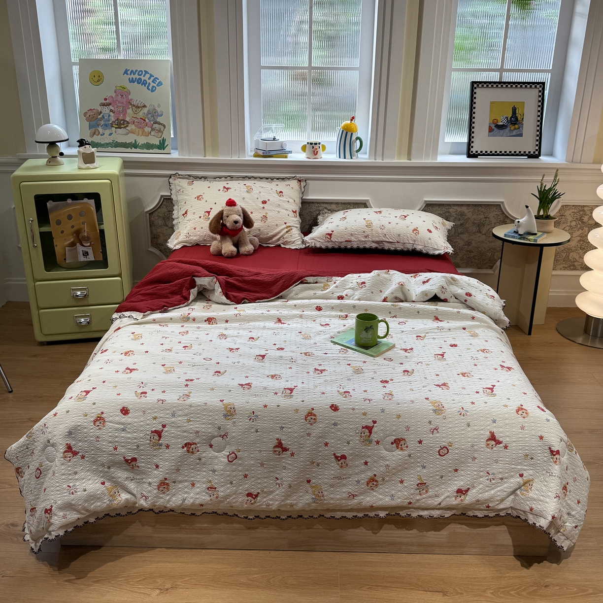 91家纺网 家纺一手货源 找家纺 水墨江南 2026新款泡芙纱全棉花边夏被四件套 花边夏被-红色星仔