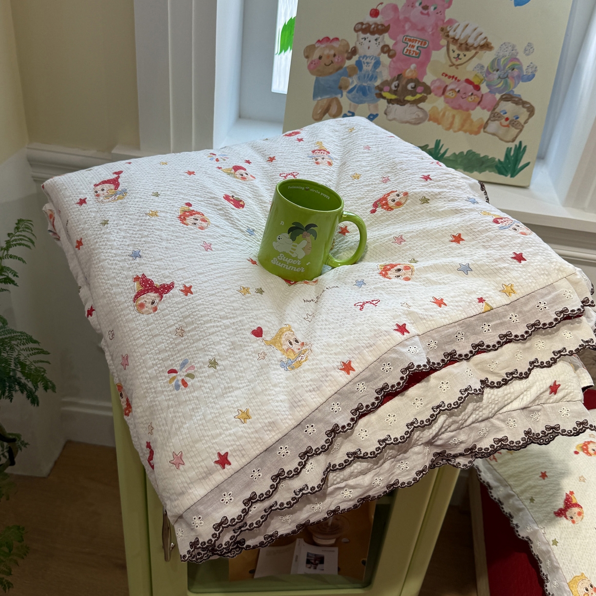 91家纺网 家纺一手货源 找家纺 水墨江南 2026新款泡芙纱全棉花边夏被四件套 花边夏被-红色星仔