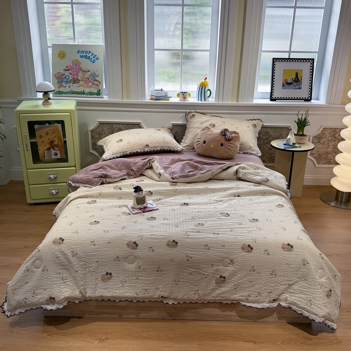 91家纺网 家纺一手货源 找家纺 水墨江南 2026新款泡芙纱全棉花边夏被四件套 花边夏被-啵啵猫