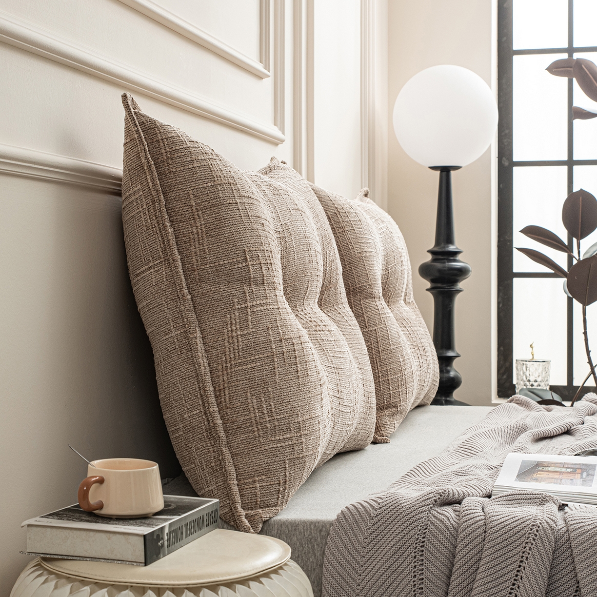 91家纺网 家纺一手货源 找家纺 美达人 2026新款肌理麻靠背 肌理-纽扣-沙棕色