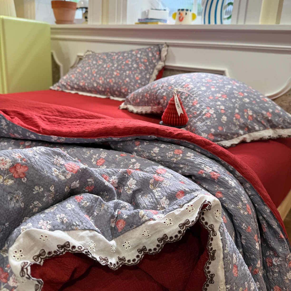 91家纺网 家纺一手货源 找家纺 水墨江南 2026新款泡芙纱全棉花边夏被四件套 花边夏被-花季