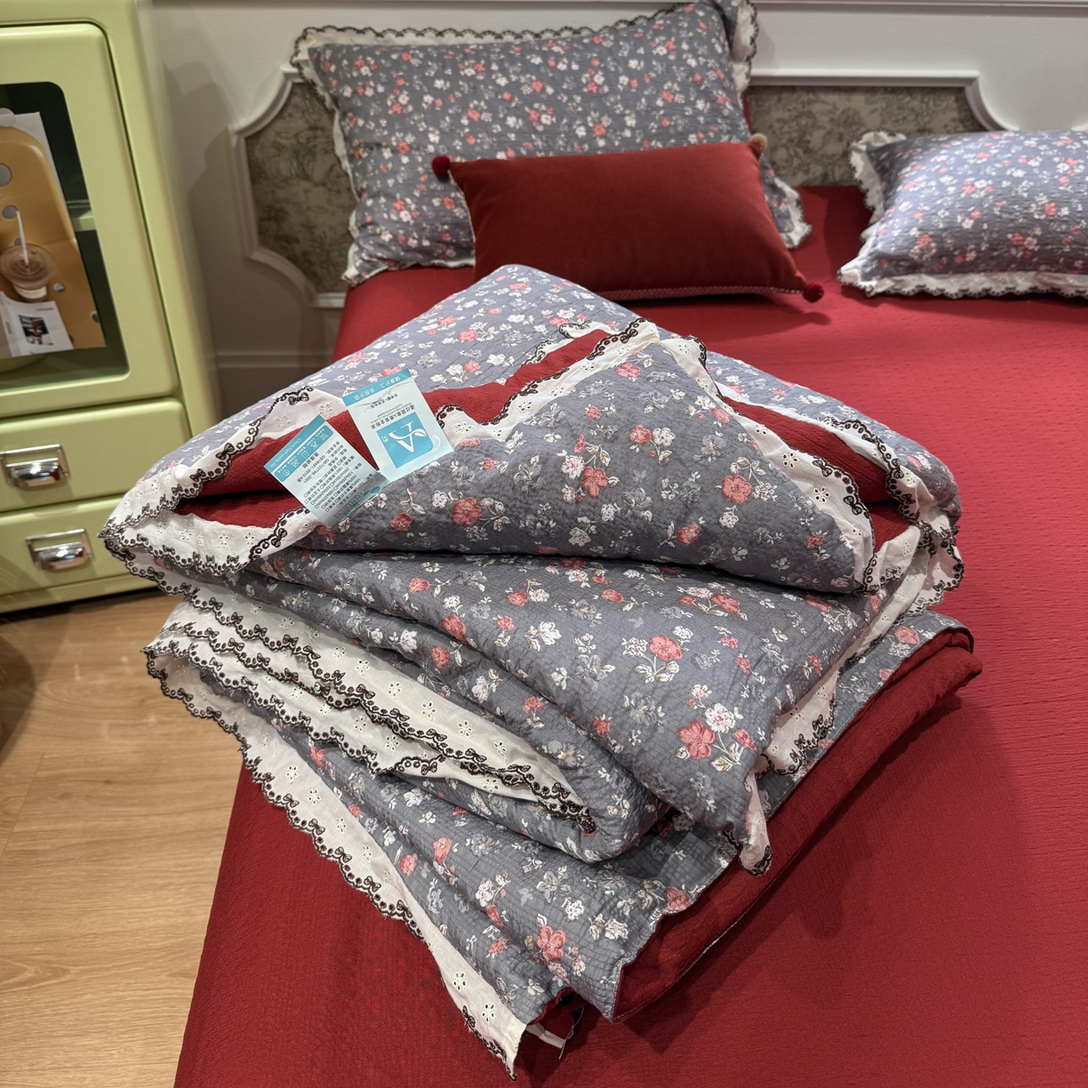 水墨江南 2026新款泡芙纱全棉花边夏被四件套 花边夏被-花季