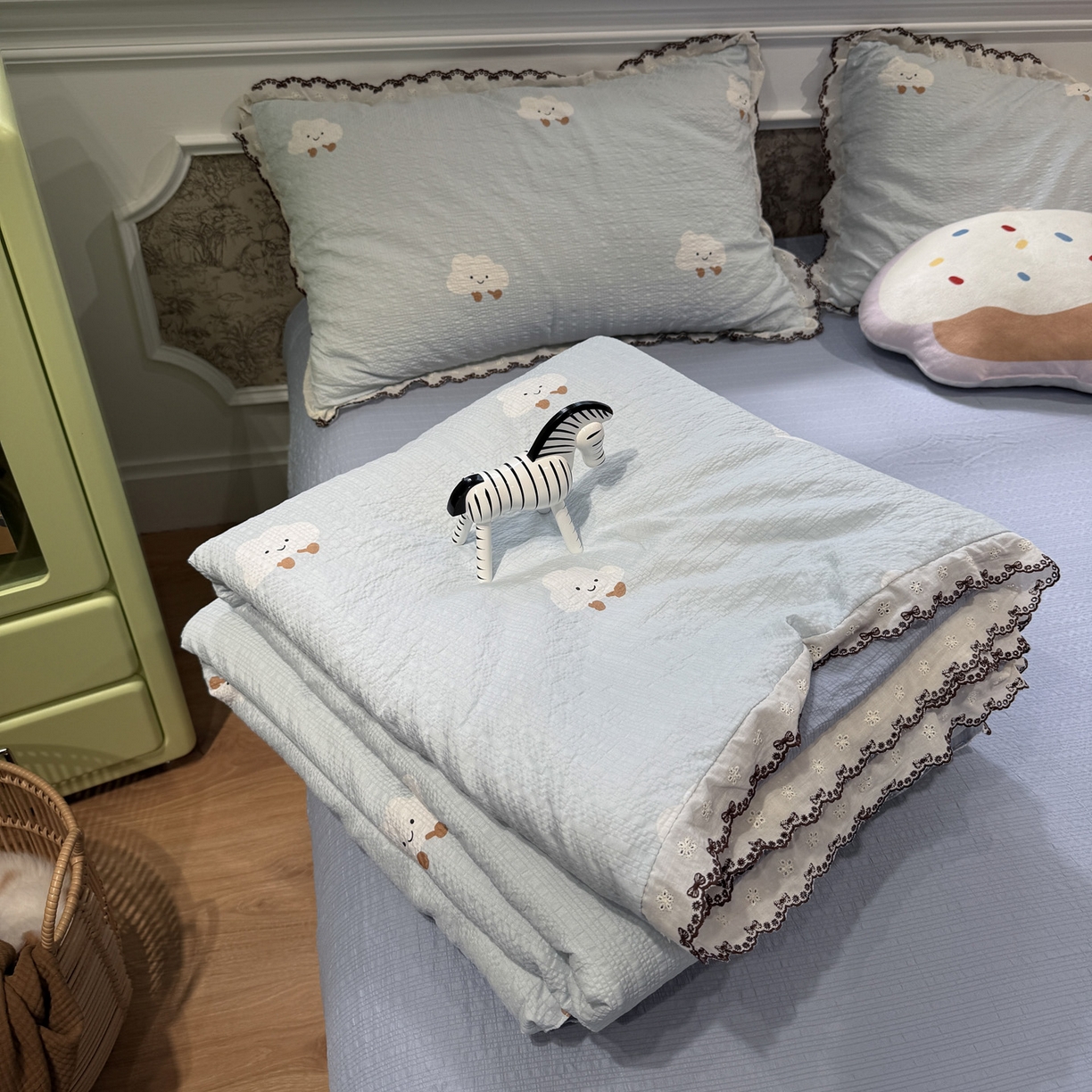 水墨江南 2026新款泡芙纱全棉花边夏被四件套 花边夏被-可爱云朵