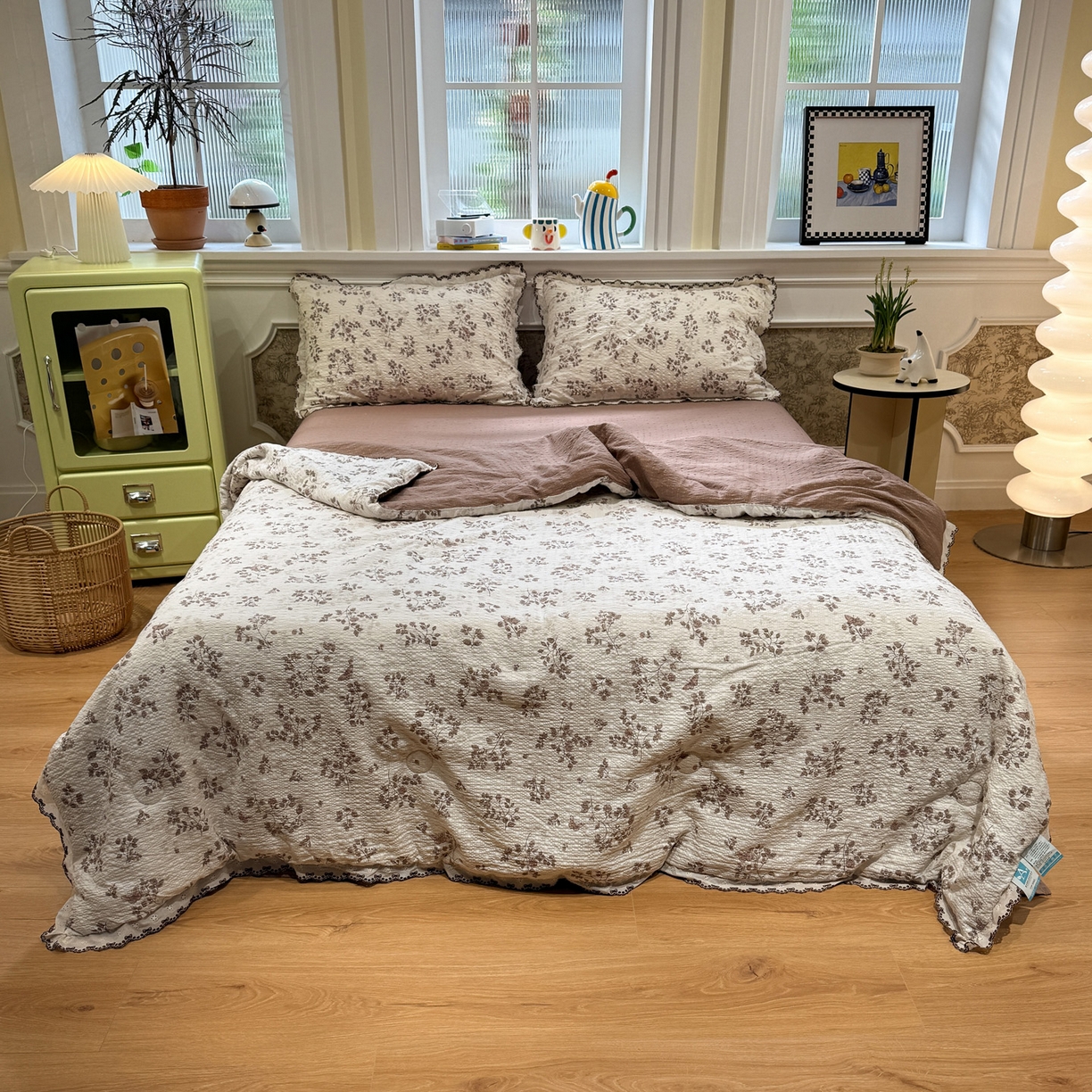 91家纺网 家纺一手货源 找家纺 水墨江南 2026新款泡芙纱全棉花边夏被四件套 花边夏被-慕秋