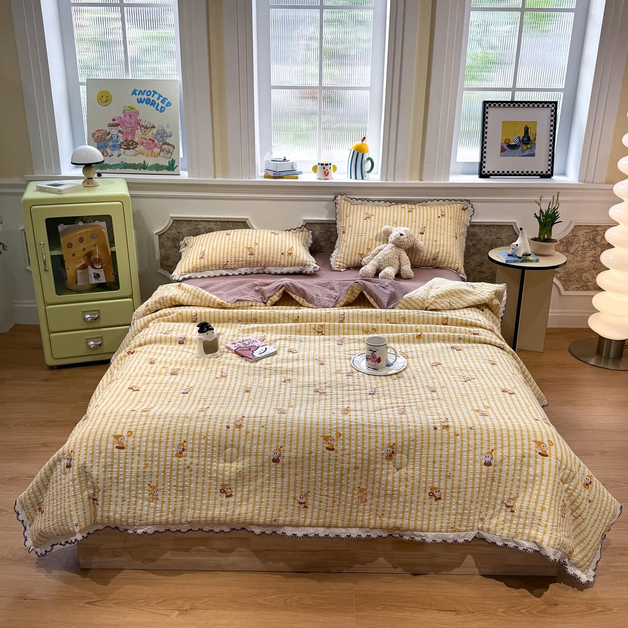 91家纺网 家纺一手货源 找家纺 水墨江南 2026新款泡芙纱全棉花边夏被四件套 花边夏被-条纹星仔