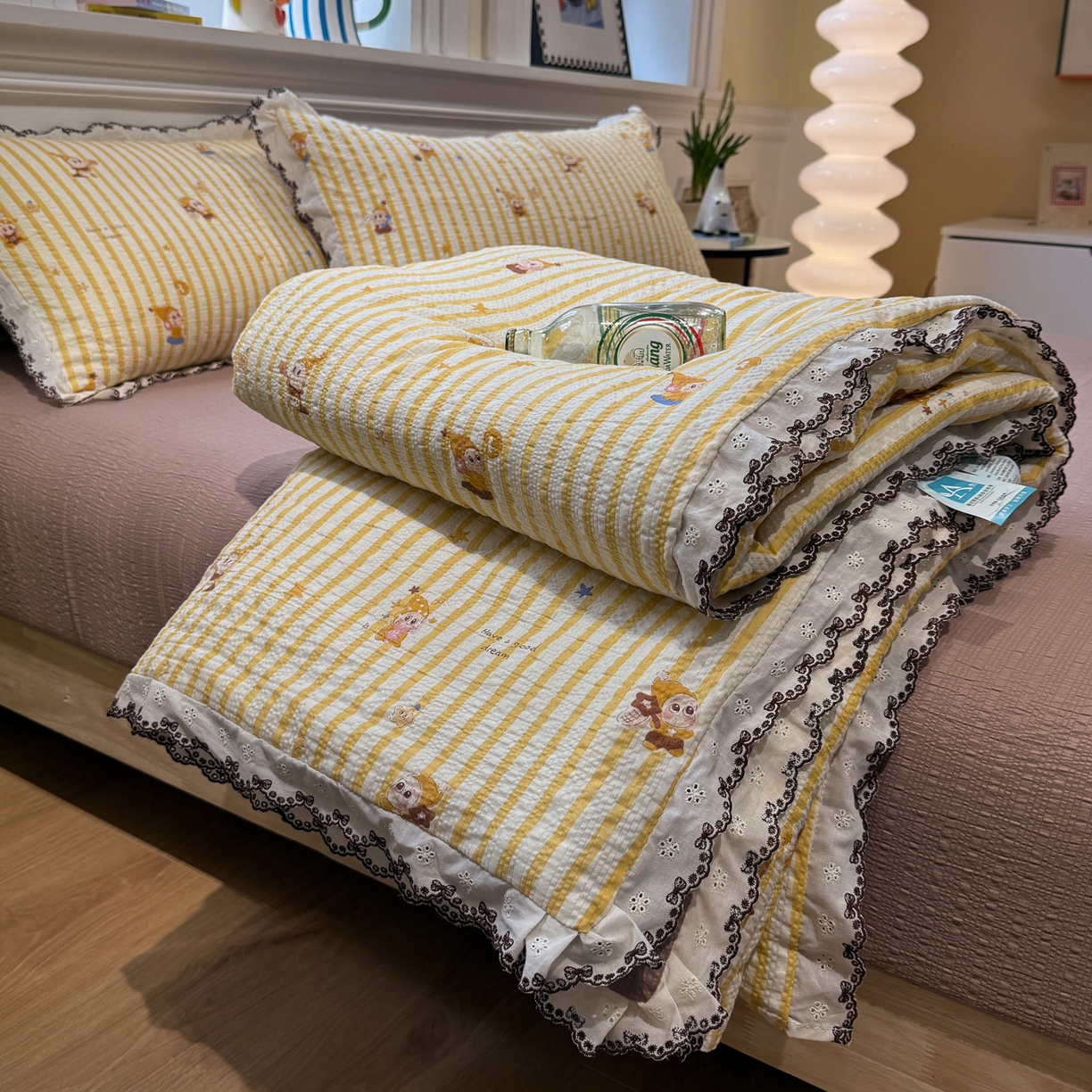 水墨江南 2026新款泡芙纱全棉花边夏被四件套 花边夏被-条纹星仔