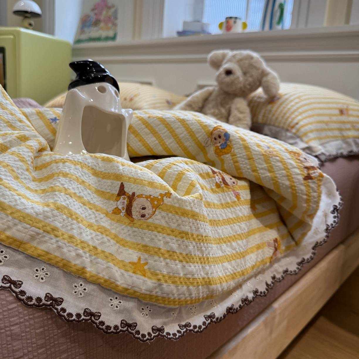 91家纺网 家纺一手货源 找家纺 水墨江南 2026新款泡芙纱全棉花边夏被四件套 花边夏被-条纹星仔