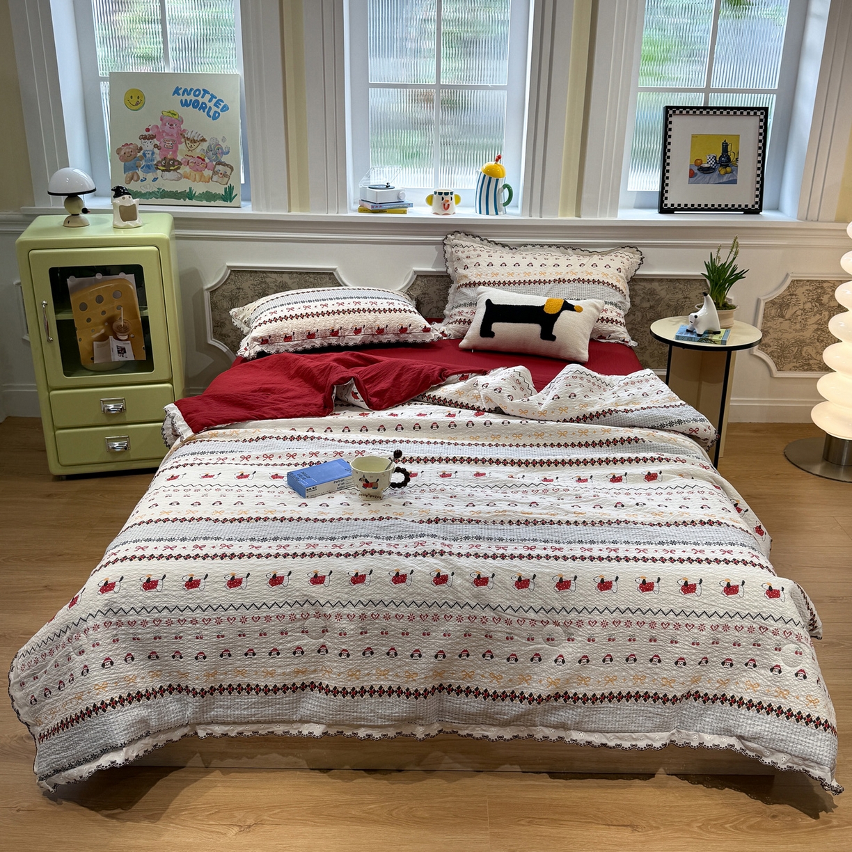 91家纺网 家纺一手货源 找家纺 水墨江南 2026新款泡芙纱全棉花边夏被四件套 花边夏被-小狗日记