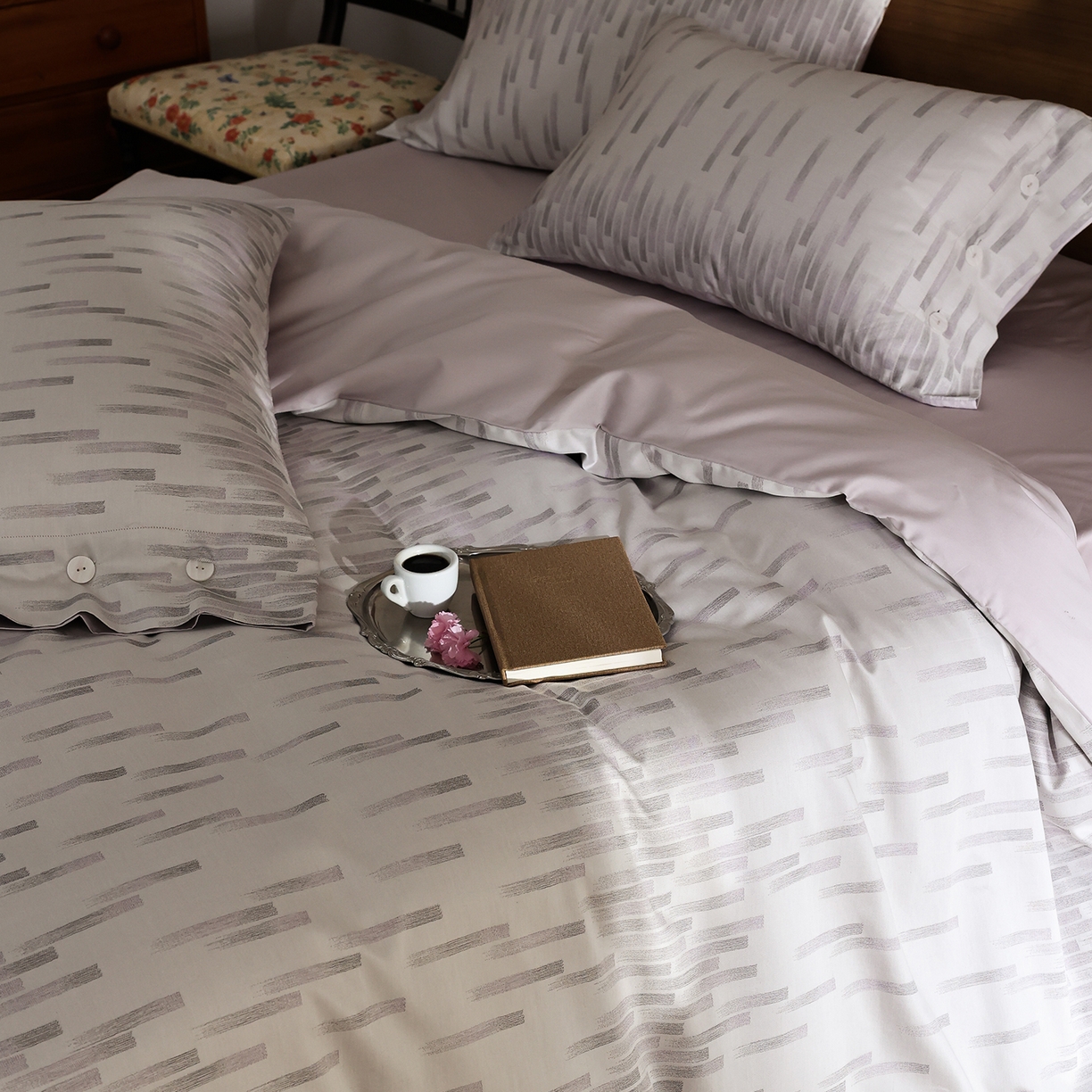 91家纺网 家纺一手货源 找家纺 ONE TWO ONE 121 2026新款100s50支长绒棉全棉纯棉床上用品色织提花四件套-烟花时 烟花时-紫