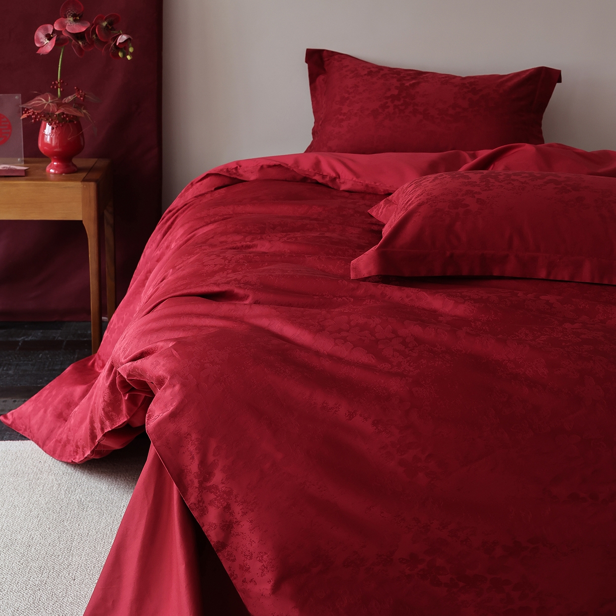 91家纺网 家纺一手货源 找家纺 （总）ONE TWO ONE 121 2026全棉100s长绒棉纯棉50支床上用品结婚大红色婚庆四件套提花-芊千女神