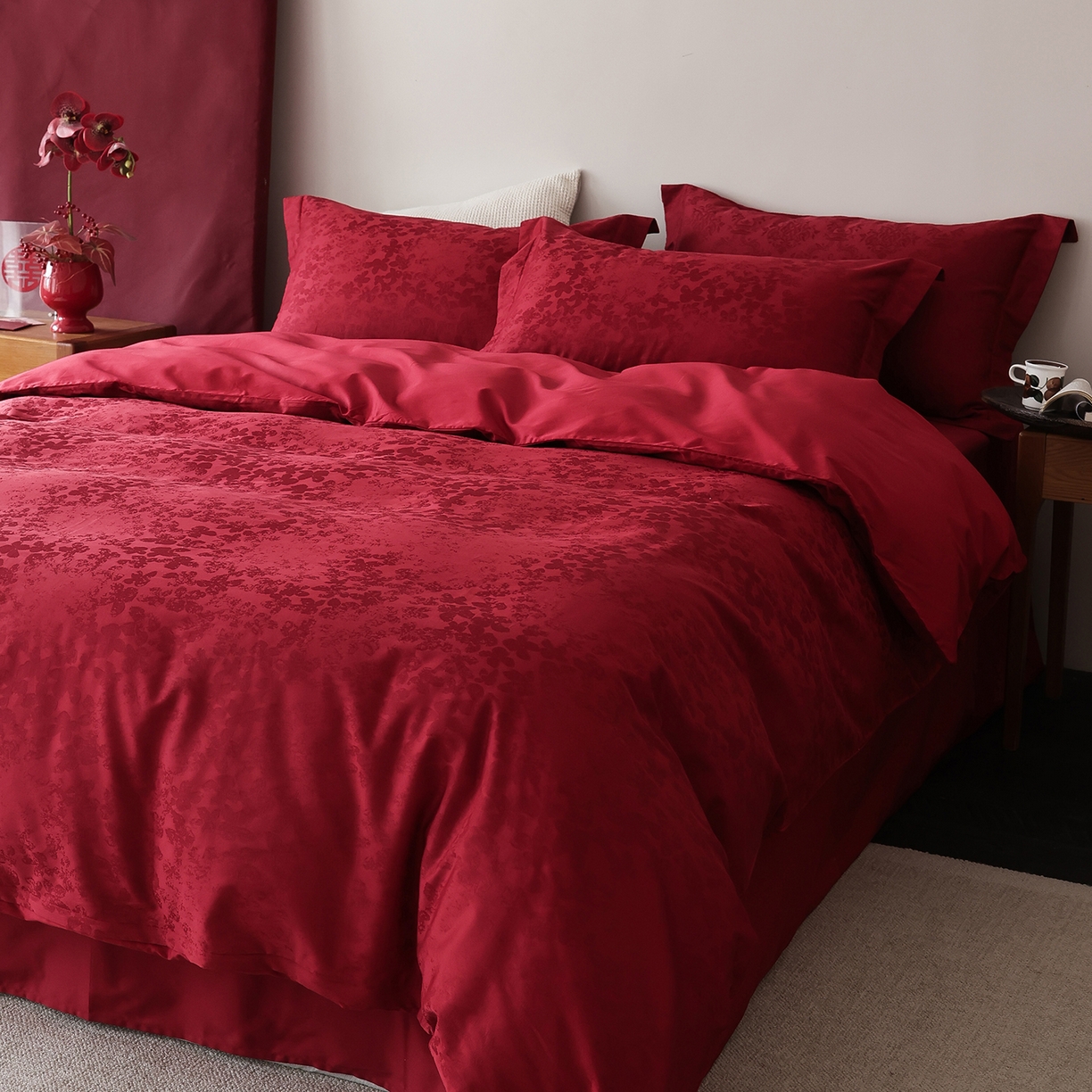 91家纺网 家纺一手货源 找家纺 （总）ONE TWO ONE 121 2026全棉100s长绒棉纯棉50支床上用品结婚大红色婚庆四件套提花-芊千女神