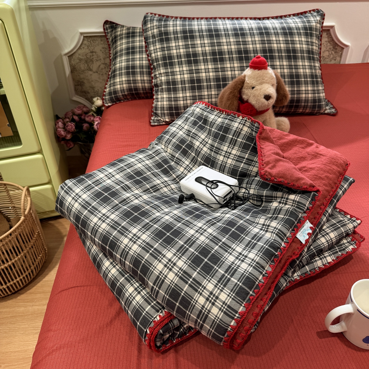 水墨江南 2026新款云感皱皱纱贝壳边夏被四件套 夏被-布朗尼红