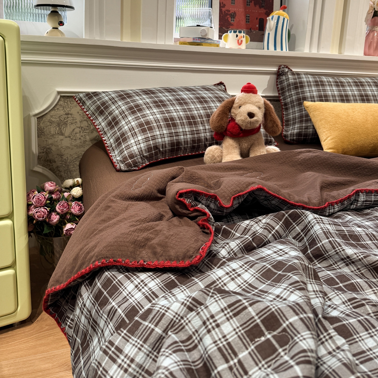 91家纺网 家纺一手货源 找家纺 水墨江南 2026新款云感皱皱纱贝壳边夏被四件套 夏被-布朗尼咖