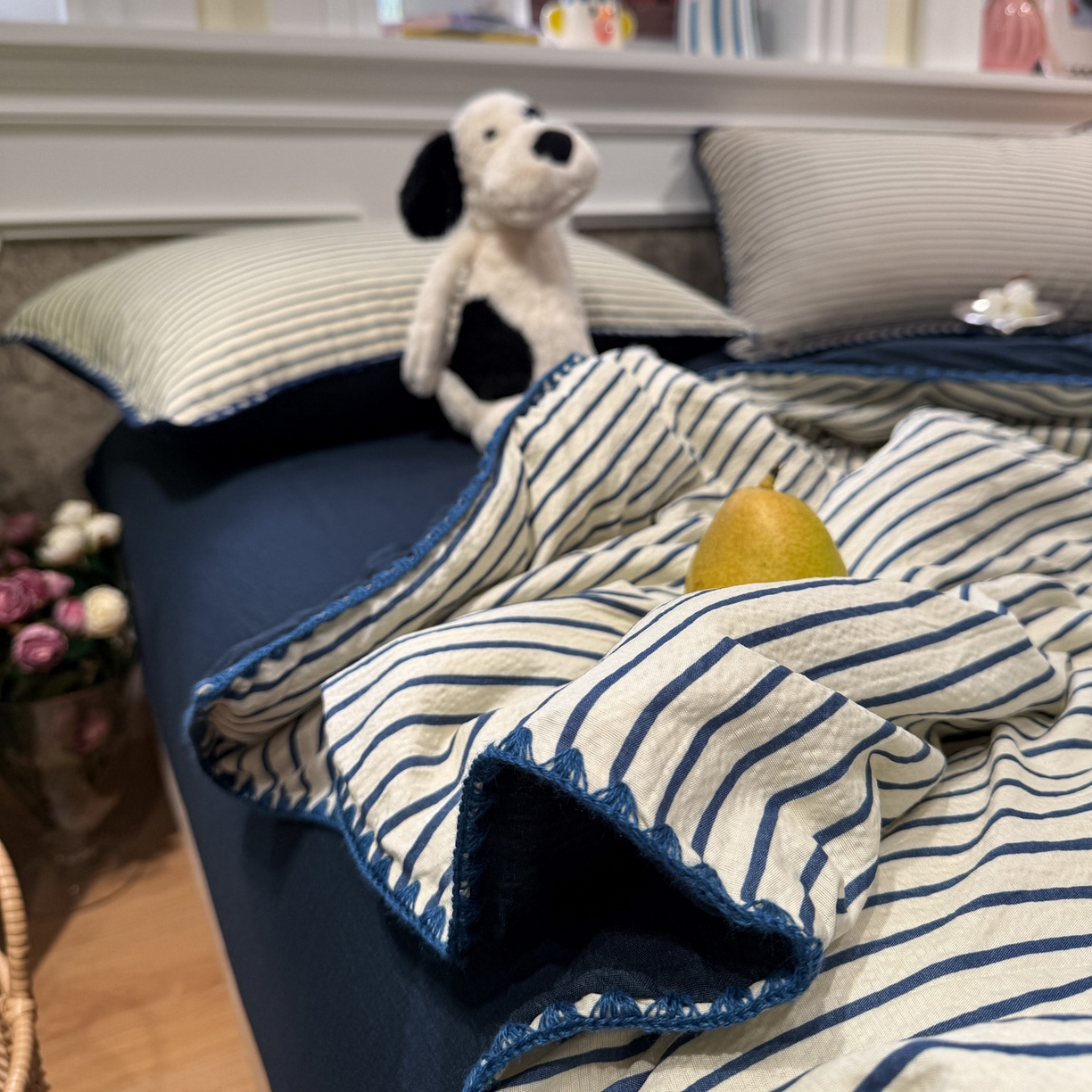 91家纺网 家纺一手货源 找家纺 水墨江南 2026新款云感皱皱纱贝壳边夏被四件套 夏被-海岸蓝