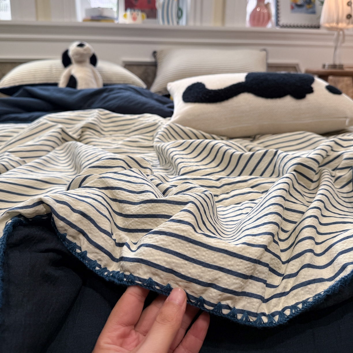 91家纺网 家纺一手货源 找家纺 水墨江南 2026新款云感皱皱纱贝壳边夏被四件套 夏被-海岸蓝