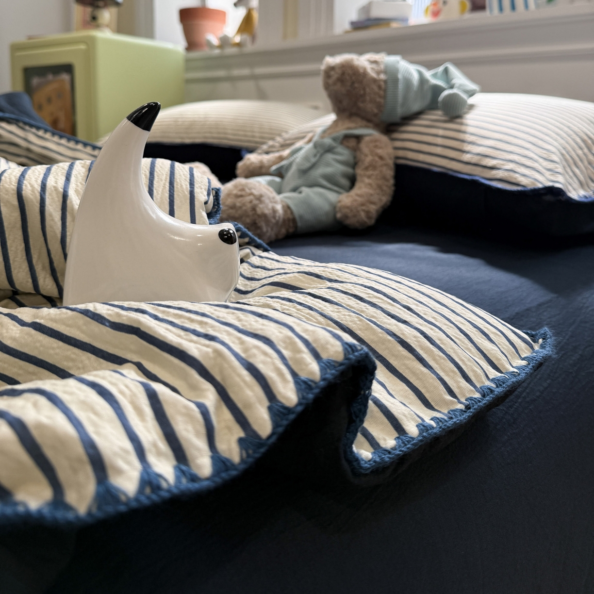 91家纺网 家纺一手货源 找家纺 水墨江南 2026新款云感皱皱纱贝壳边夏被四件套 夏被-海岸蓝