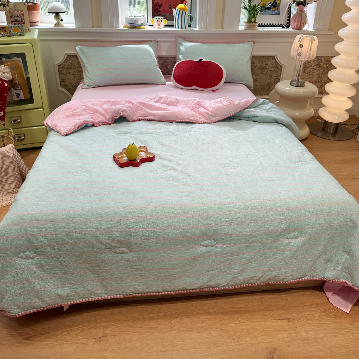 91家纺网 家纺一手货源 找家纺 水墨江南 2026新款云感皱皱纱贝壳边夏被四件套 夏被-海盐玫粉