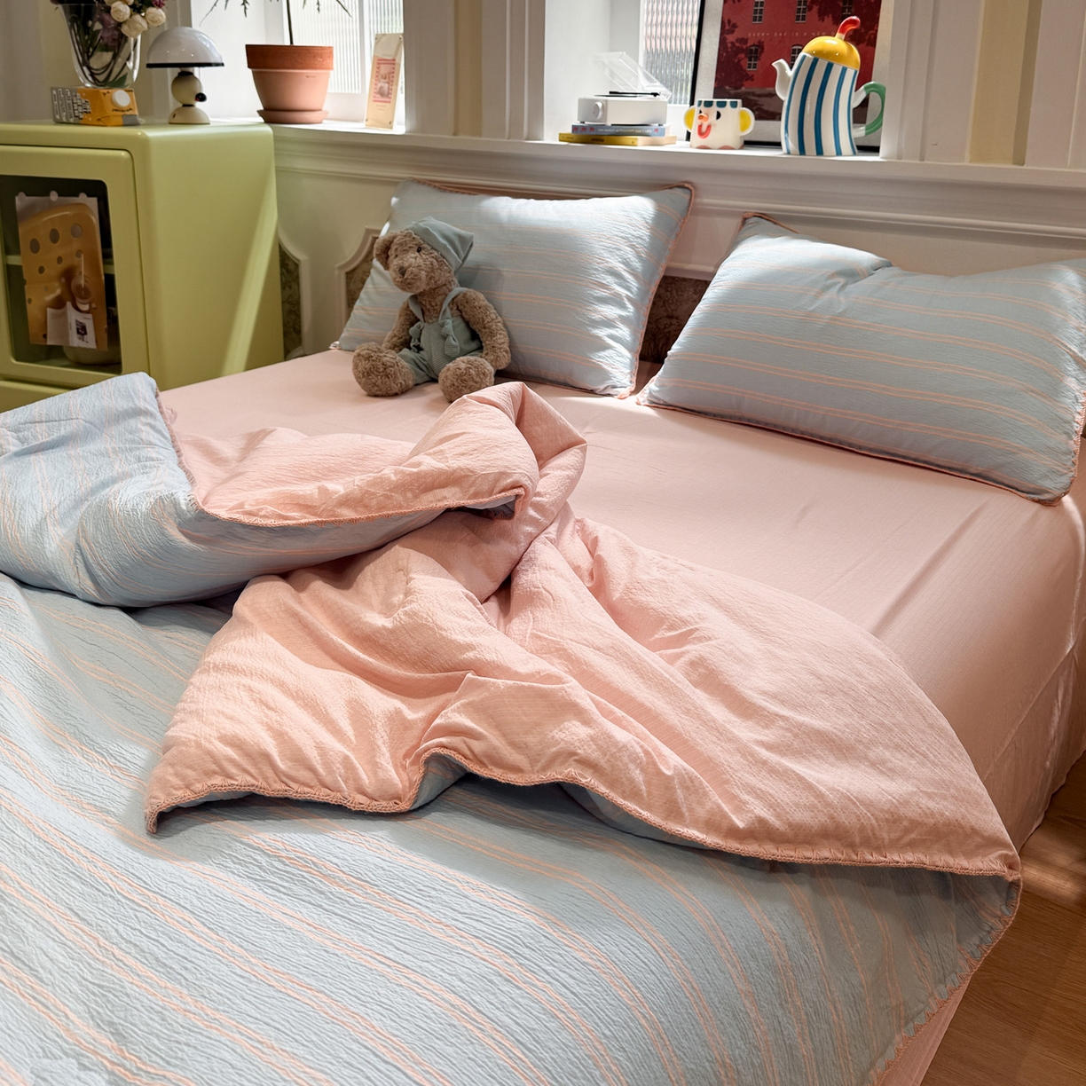 91家纺网 家纺一手货源 找家纺 水墨江南 2026新款云感皱皱纱贝壳边夏被四件套 夏被-海盐玉