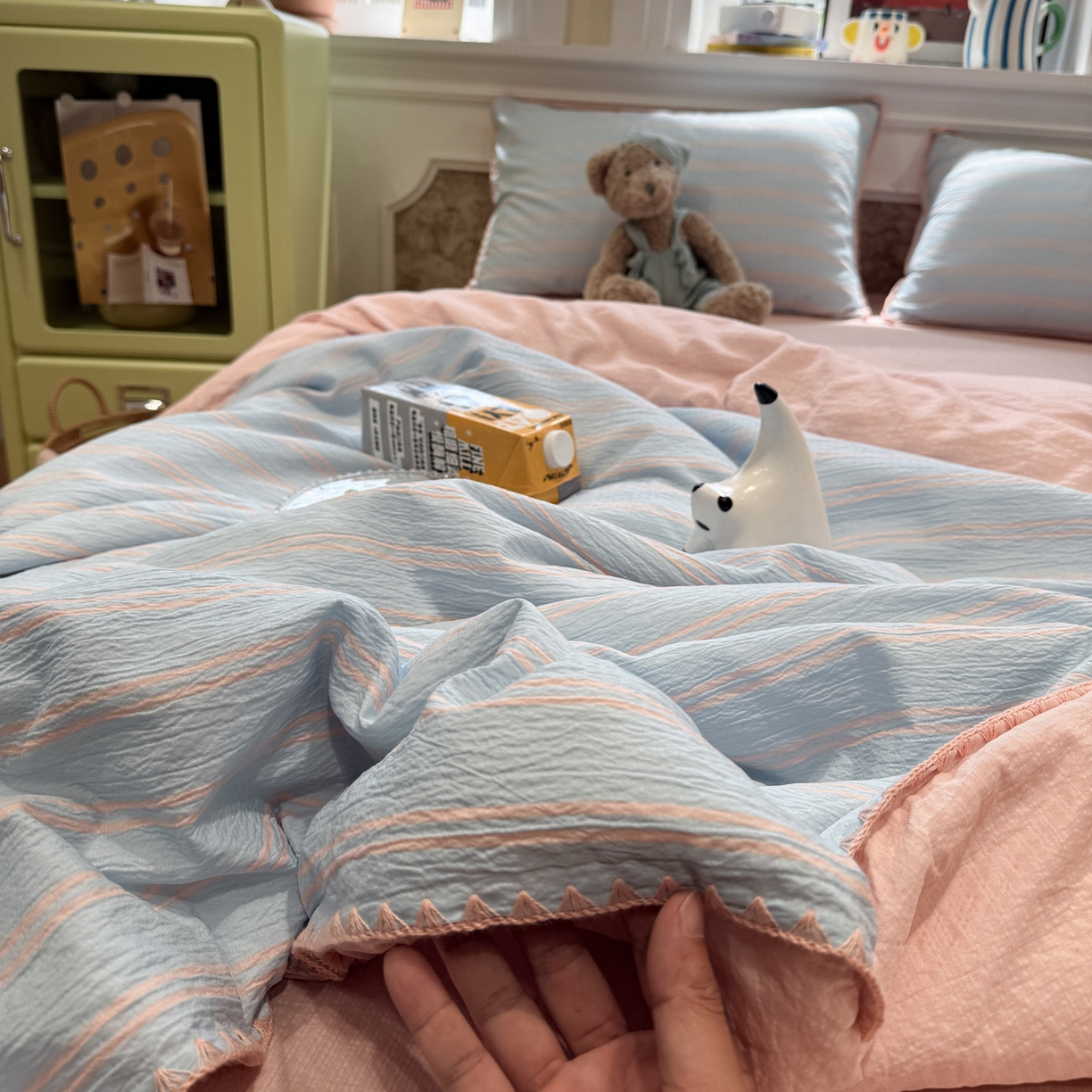 91家纺网 家纺一手货源 找家纺 水墨江南 2026新款云感皱皱纱贝壳边夏被四件套 夏被-海盐玉