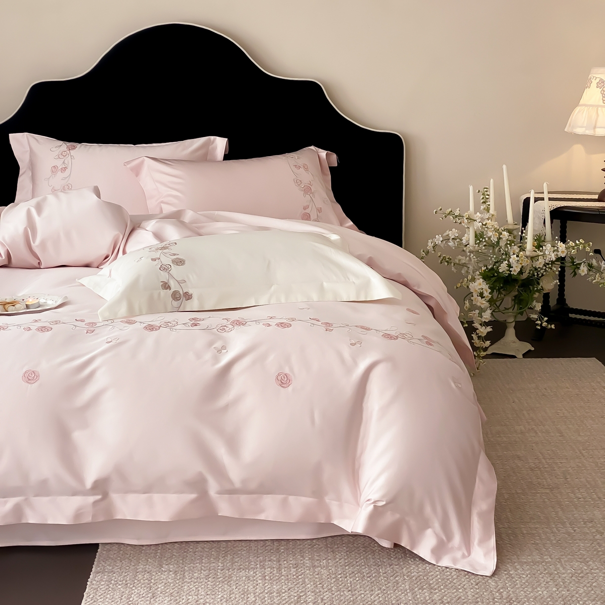树下 2026新款A类高支高密贡缎长绒棉全棉纯棉刺绣四件套（控价399） 萦梦-粉