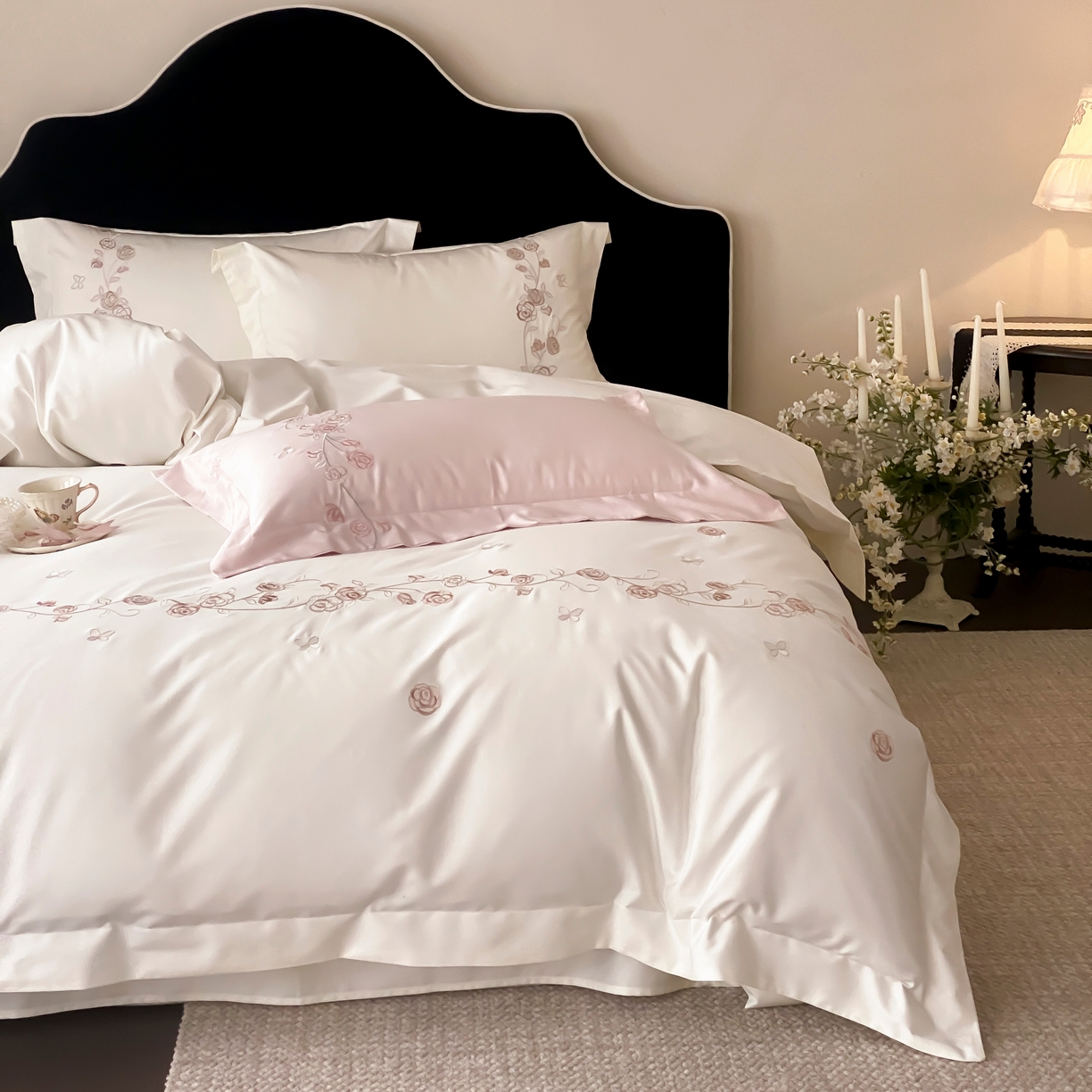 树下 2026新款A类高支高密贡缎长绒棉全棉纯棉刺绣四件套（控价399） 萦梦-米白