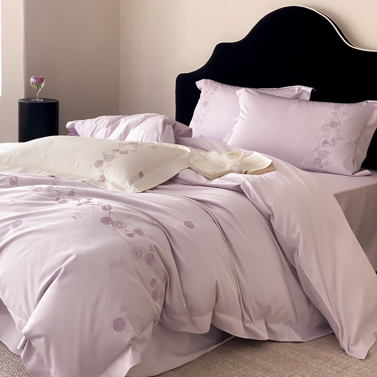 91家纺网 家纺一手货源 找家纺 树下 2026新款A类高支高密贡缎长绒棉全棉纯棉刺绣四件套（控价399） 萦梦-紫