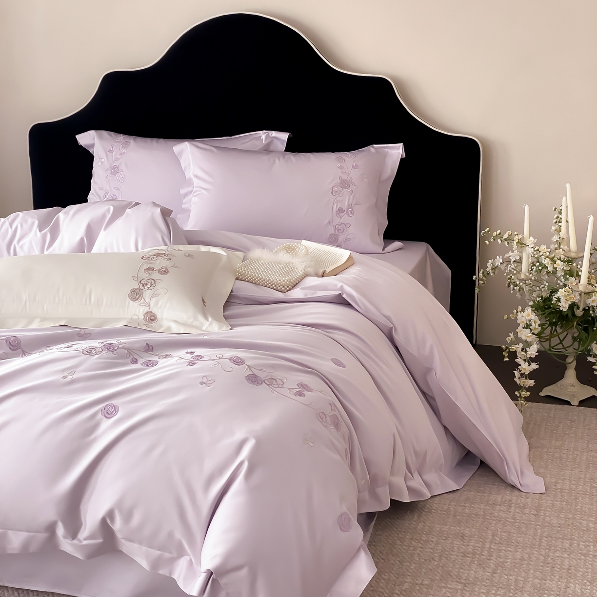 91家纺网 家纺一手货源 找家纺 树下 2026新款A类高支高密贡缎长绒棉全棉纯棉刺绣四件套（控价399） 萦梦-紫