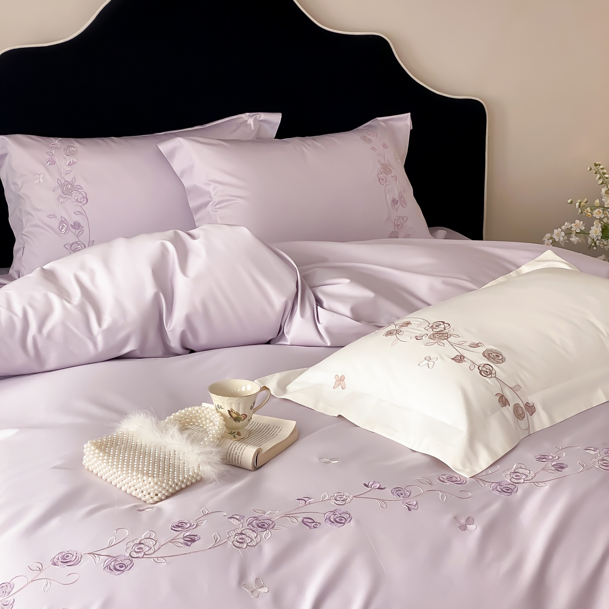 91家纺网 家纺一手货源 找家纺 树下 2026新款A类高支高密贡缎长绒棉全棉纯棉刺绣四件套（控价399） 萦梦-紫