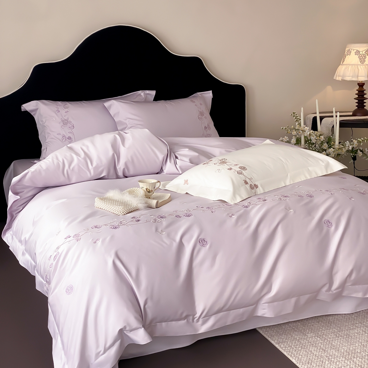 91家纺网 家纺一手货源 找家纺 树下 2026新款A类高支高密贡缎长绒棉全棉纯棉刺绣四件套（控价399） 萦梦-紫